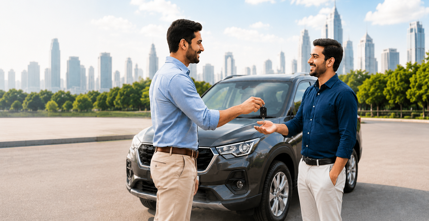 Two people exchanging car keys with city skyline in the background