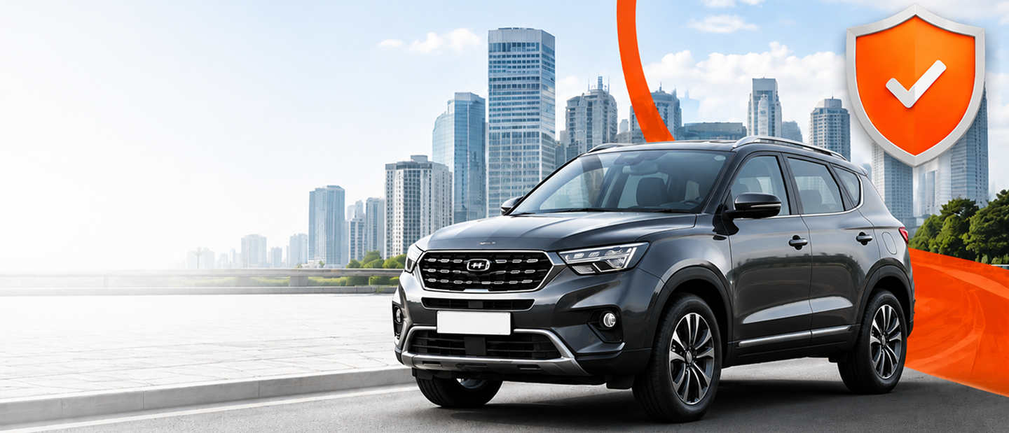 Dark SUV parked in front of a city skyline for vehicle verification
